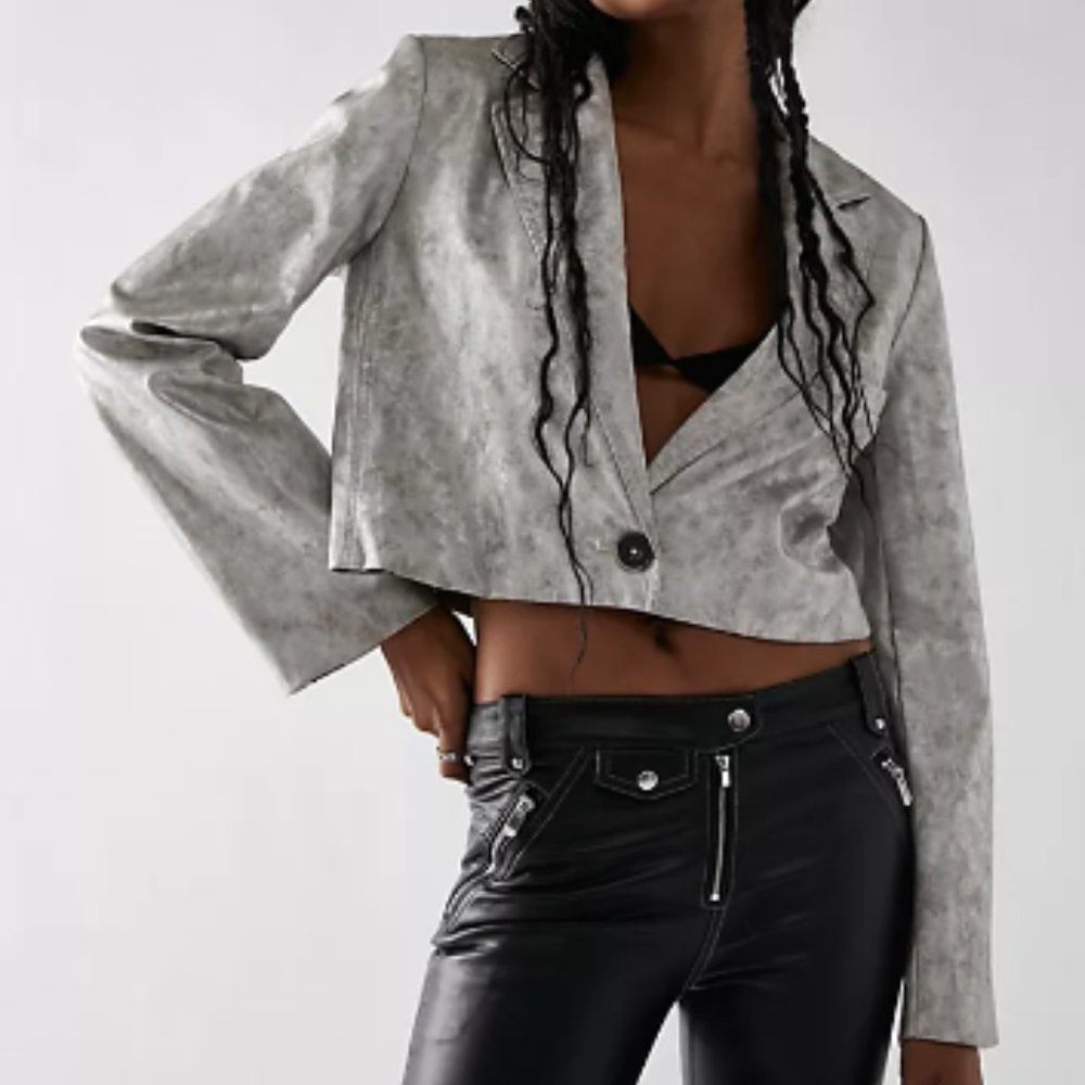 FREE PEOPLE Cropped Faux Leather Metallic Blazer Jacket Size XSmall
